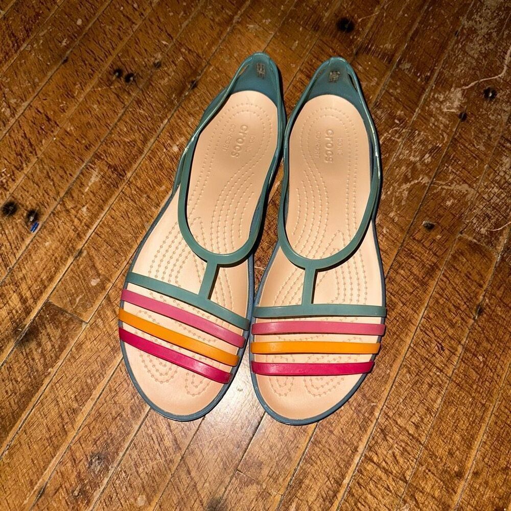 CROCS Women's Teal Flats with Pink and Orange Accents